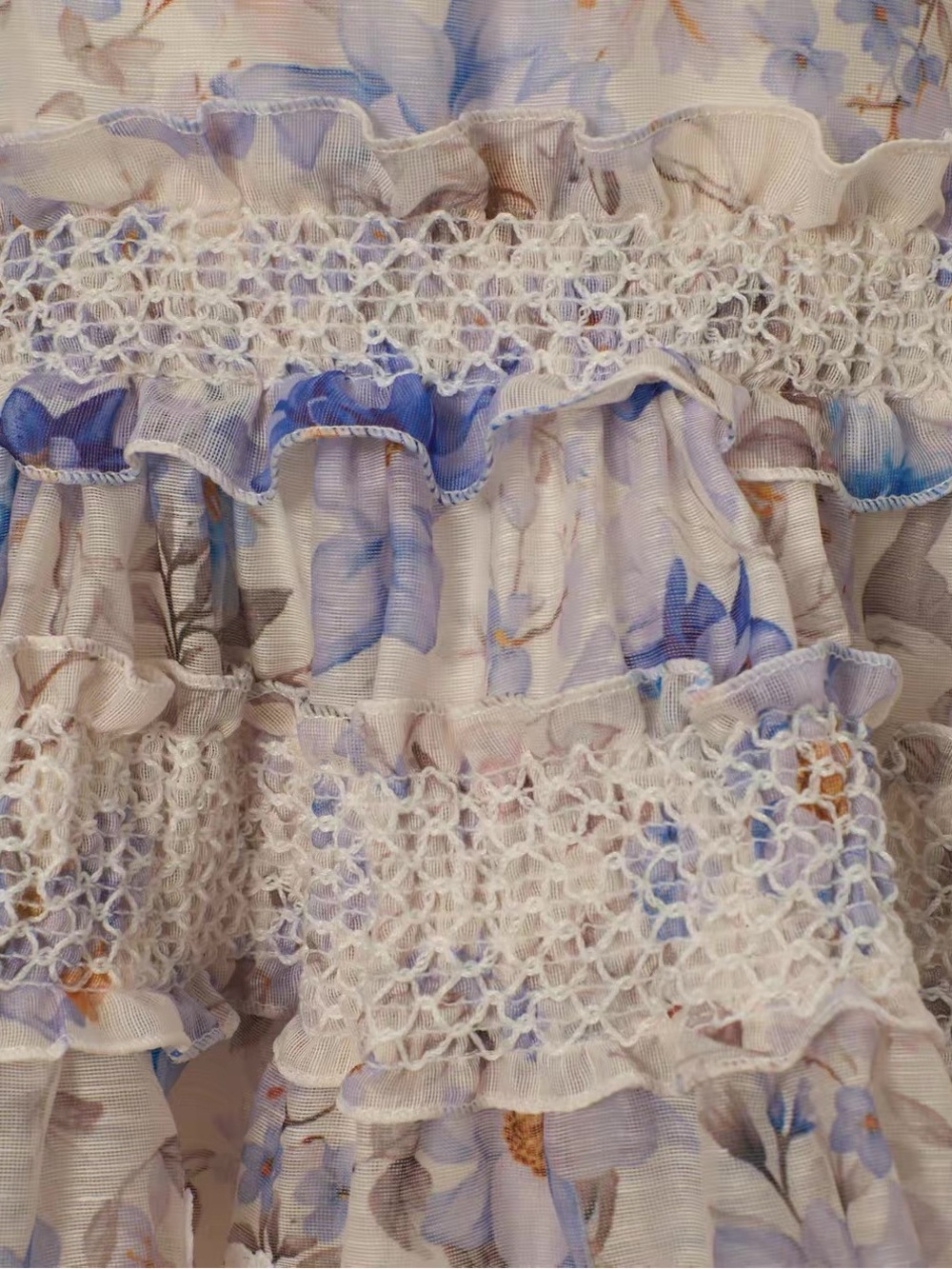 Designer-style Sleeveless Floral Ruffle Mini Dress in Ivory and Light Blue - Picture 9 of 12